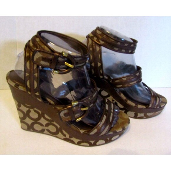 Coach Maralee Wedge Sandals Brown Signature Ankle Strap Heels Canvas Leather 8B - Picture 2 of 9